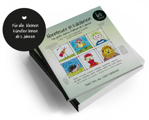 Die Abbildung zeigt fünf Exemplare des zum Verkauf angebotenen Vorlese-Malbuch »Abenteuer in Kokolorien«