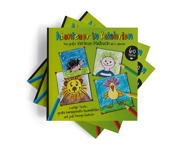 Die Abbildung zeigt fünf Exemplare des zum Verkauf angebotenen Vorlese-Malbuch »Abenteuer in Kokolorien«. Daneben ist ein schwarzer Kreis mit einem weißen Herzen und dem Text: Für  alle kleinen Künstlerinnen ab 2 Jahren. 