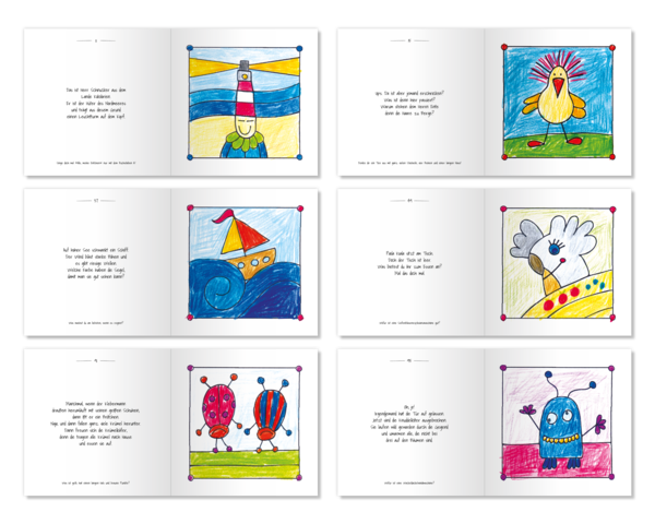 Die Abbildung zeigt sechs beispielhafte Doppelseiten aus dem Vorlese-Malbuch.